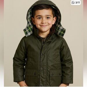 Kids Green Jacket with Plaid Hood